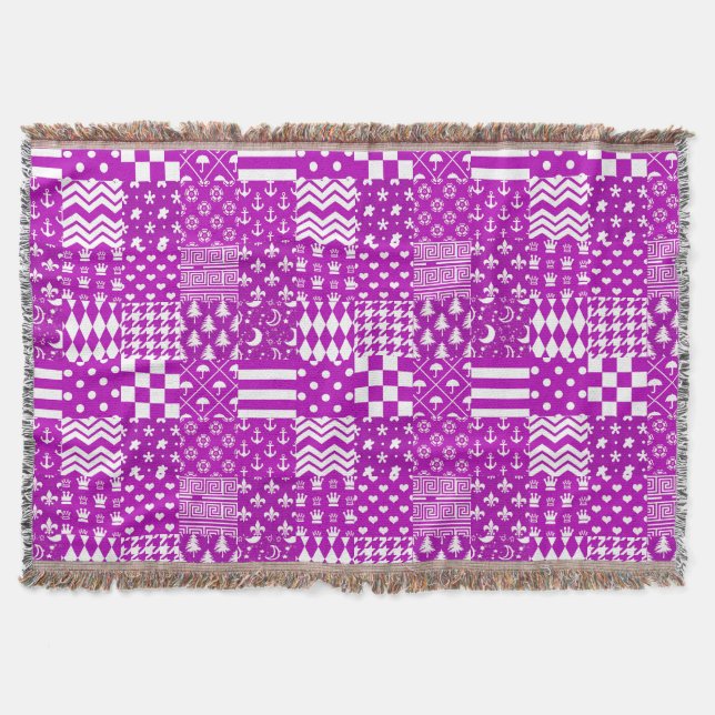 Purple White Mixed Patterns Patchwork Design  Throw Blanket (Front)
