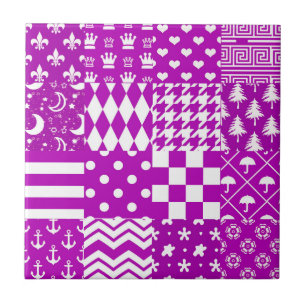 Purple White Mixed Patterns Patchwork Design  Tile
