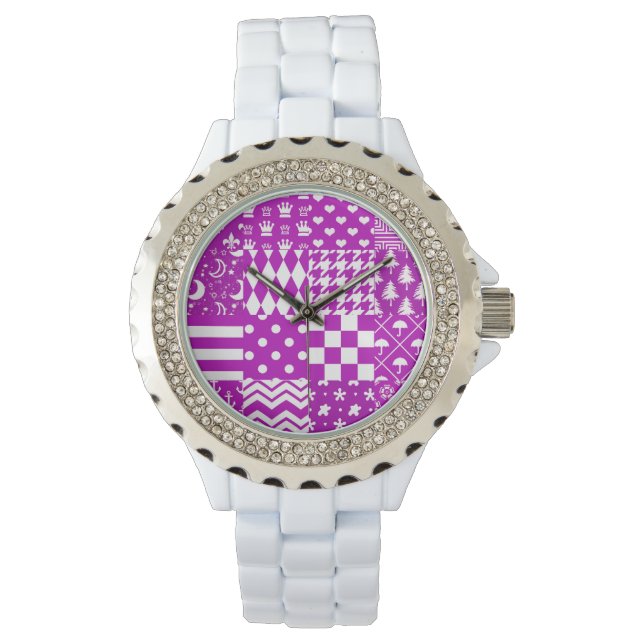 Purple White Mixed Patterns Patchwork Design  Watch (Front)