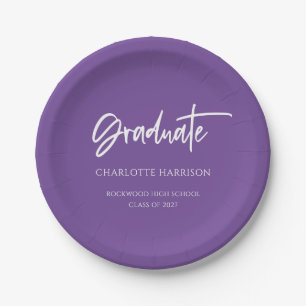 Purple White Modern Script Graduation Party Paper Paper Plate