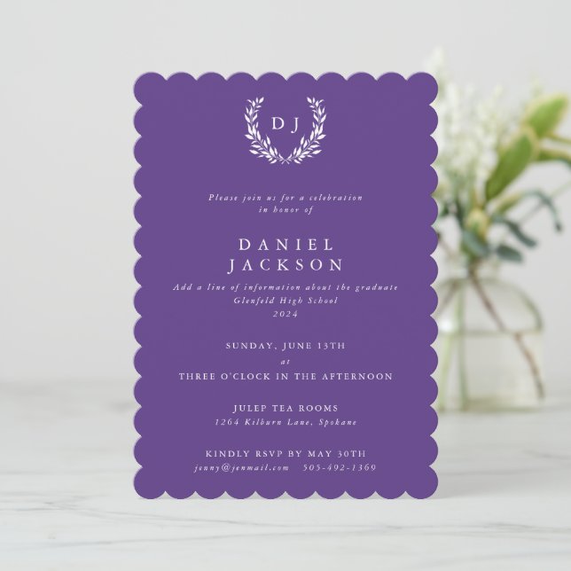 Purple + White Monogram Laurel Wreath Graduation Invitation (Standing Front)