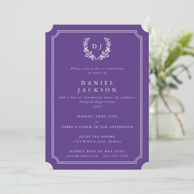 Purple/White Monogram Laurel Wreath Graduation Invitation (Standing Front)