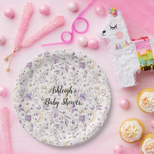 Purple White Moons & Stars Floral Baby Shower Paper Plate (Party)