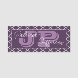 Purple White Moroccan Quatrefoil Pattern: Monogram Name Tag