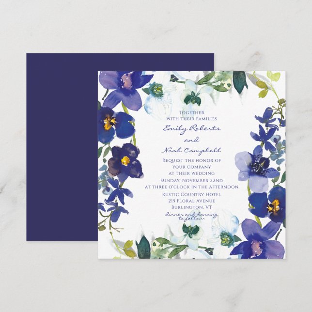 Purple & White Orchid Watercolor Floral Wedding Invitation (Front/Back)