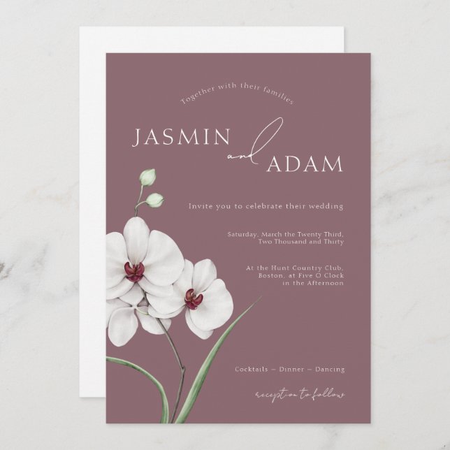 Purple White Orchids Initials Floral Wedding Invitation (Front/Back)