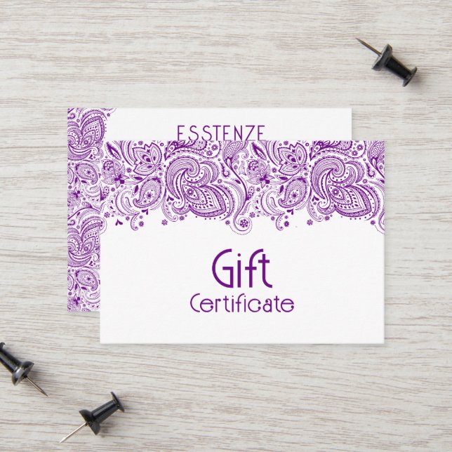 Purple White Paisley Gift Certificate Design (Front/Back In Situ)