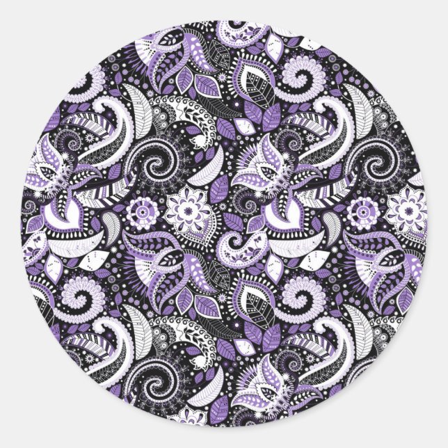 Purple White Paisley Print Elegant Birthday Party Classic Round Sticker (Front)