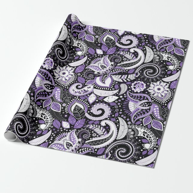 Purple White Paisley Print Elegant Birthday Party Wrapping Paper (Unrolled)