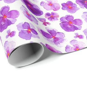 Purple white pansies floral watercolor art wrap wrapping paper