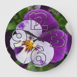 Purple white pansies large clock