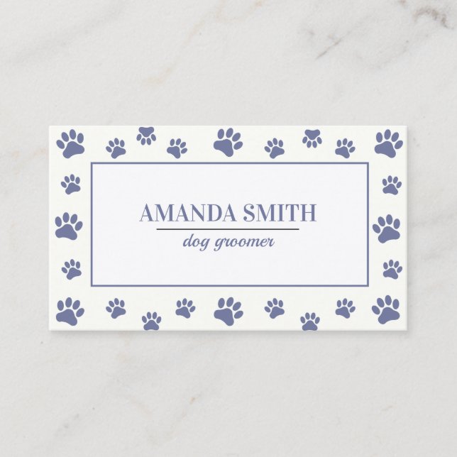 Purple White Paw Prints Dog Groomer Business Card (Front)