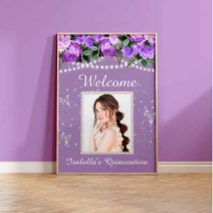 Purple White Pearls Quinceañera Photo Welcome Name Poster