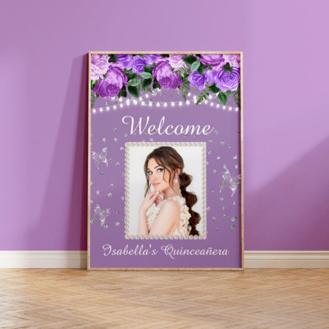 Purple White Pearls Quinceañera Photo Welcome Name Poster (Creator Uploaded)