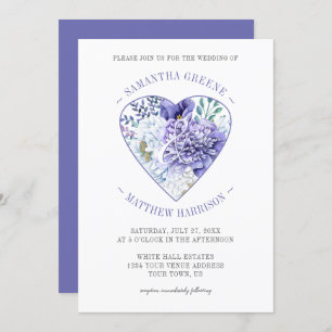 Purple White Peonies Heart Typography Wedding Invitation