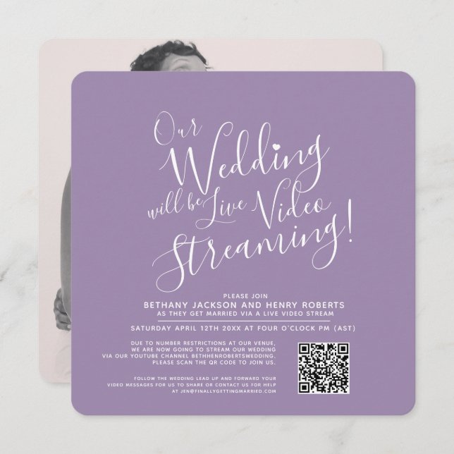 Purple white photo live streaming wedding invitation (Front/Back)