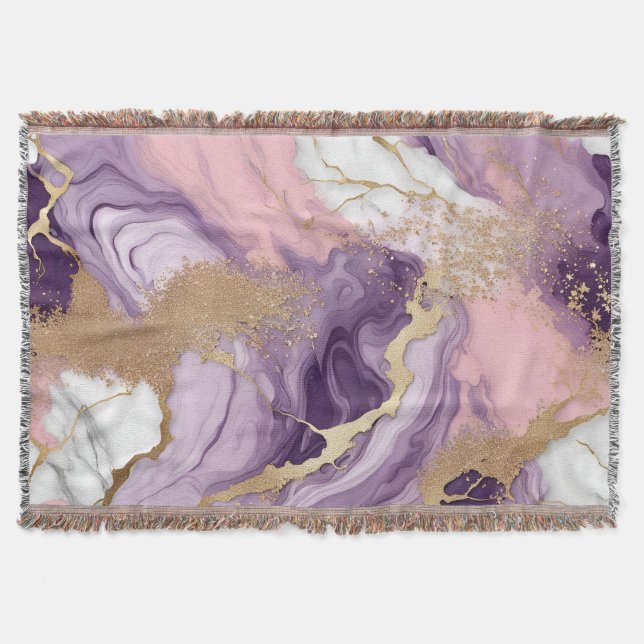 Purple, White,  Pink Gold Agate Marble  Throw Blanket (Front)