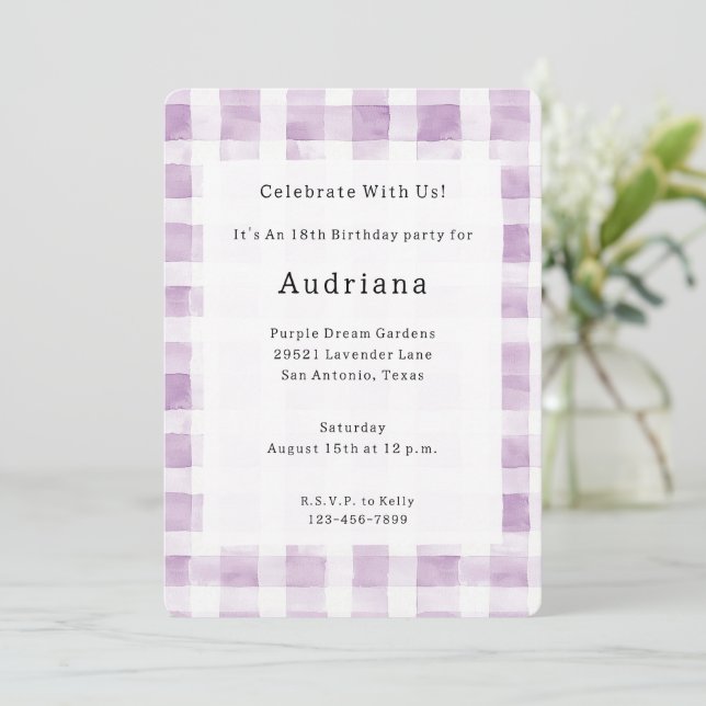 Purple White Plaid Stripes Birthday Invitation (Standing Front)