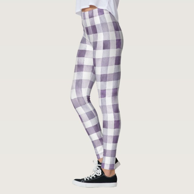 Purple White Plaid Stripes Leggings (Left)