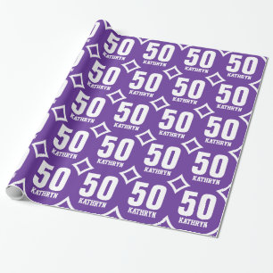 PURPLE WHITE Retro 50th Birthday Custom Name D08 Wrapping Paper