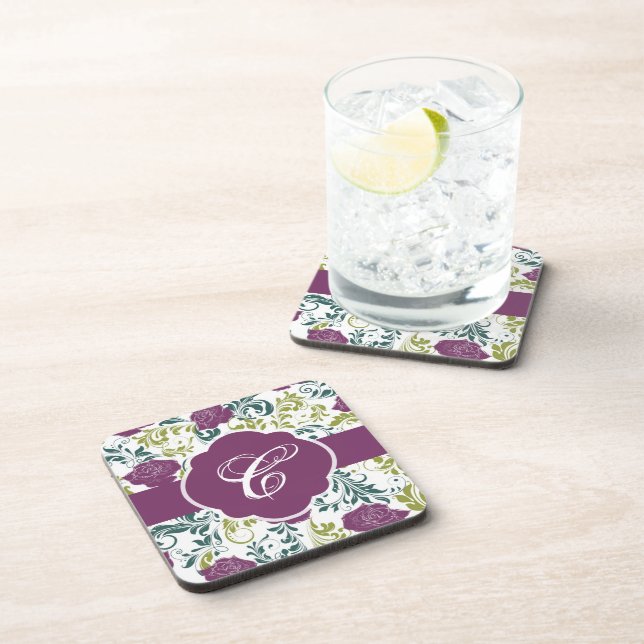 Purple & White Retro Style Roses Pattern Monogram Coaster (Right Side)