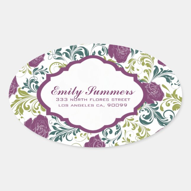 Purple & White Retro Style Roses Pattern Monogram Oval Sticker (Front)