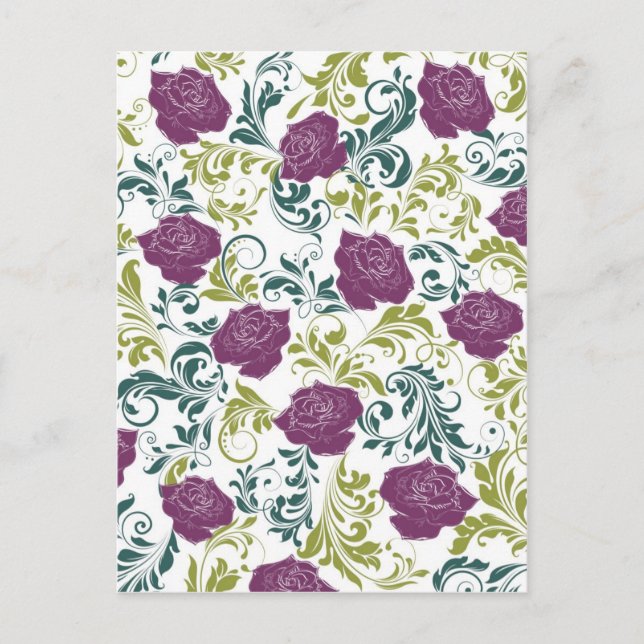 Purple & White Retro Style Roses Pattern Monogram Postcard (Front)