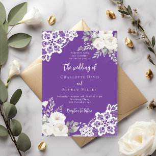 Purple white roses lace wedding invitation