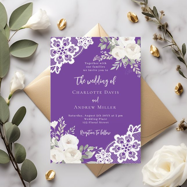 Purple white roses lace wedding invitation (Creator Uploaded)