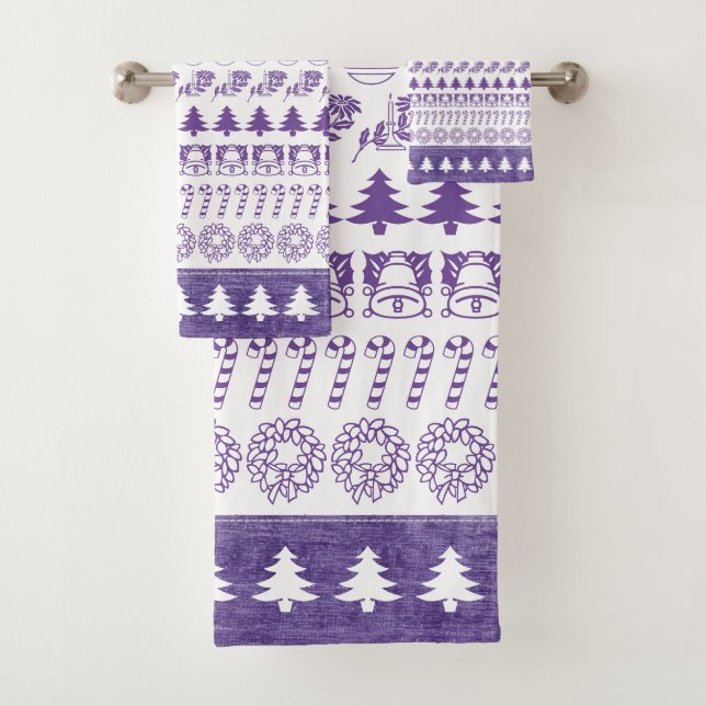 Purple/White Rows Christmas Iconic Pattern Bath Towel Set (Insitu)