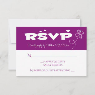 Purple & White RSVP Butterfly & Hearts Wedding Card