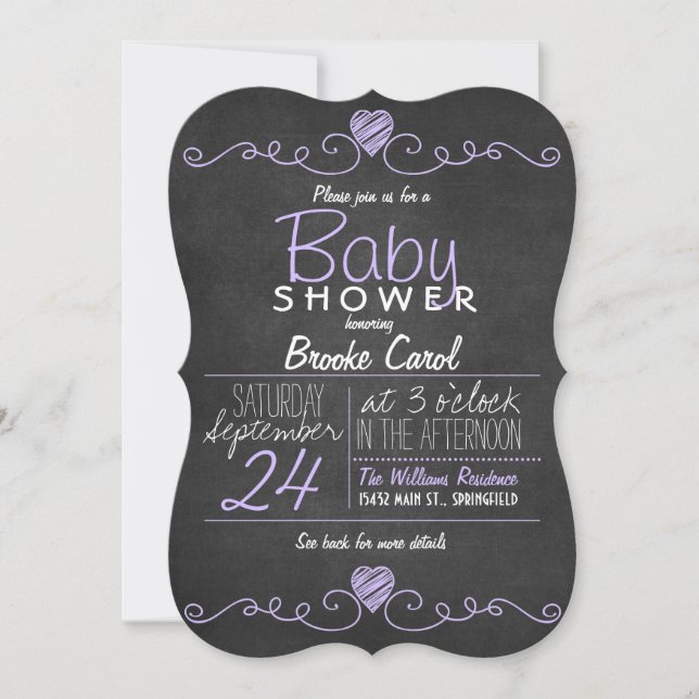 Purple, White Rustic Chalkboard, Heart Baby Shower Invitation (Front)