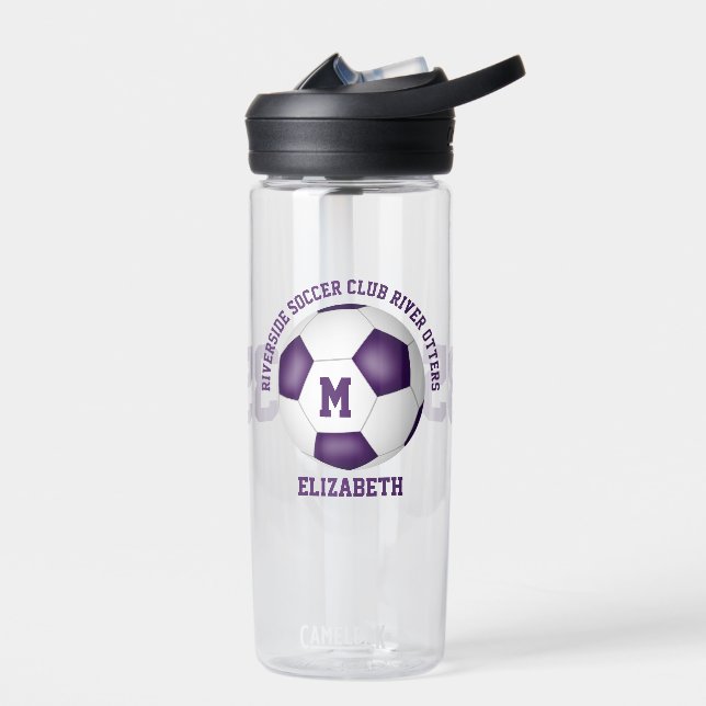 Purple white school club colours custom soccer  water bottle (Left)