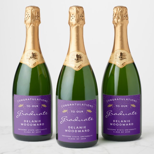 Purple White Script Gold Cap Graduation Sparkling Wine Label (Bottles)
