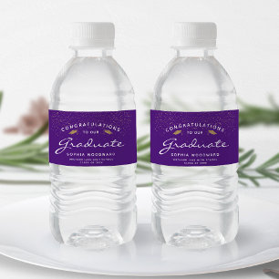 Purple White Script Gold Cap Graduation Water Bottle Label