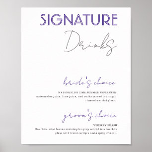Purple & White Signature Drinks Wedding Bar Poster