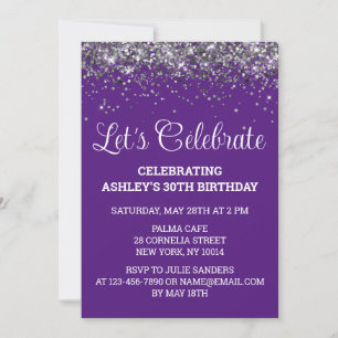 Purple White & Silver Glitter 30th Birthday Party Invitation