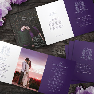 Purple white silver photo crown monogram wedding Tri-Fold programme