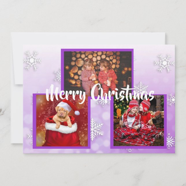 Purple White Snowflakes Family Photos Christmas Invitation (Front)