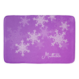 Purple White Snowflakes Minimalist Christmas Name Bath Mat