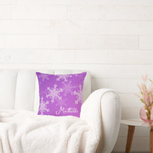 Purple White Snowflakes Minimalist Christmas Name Cushion