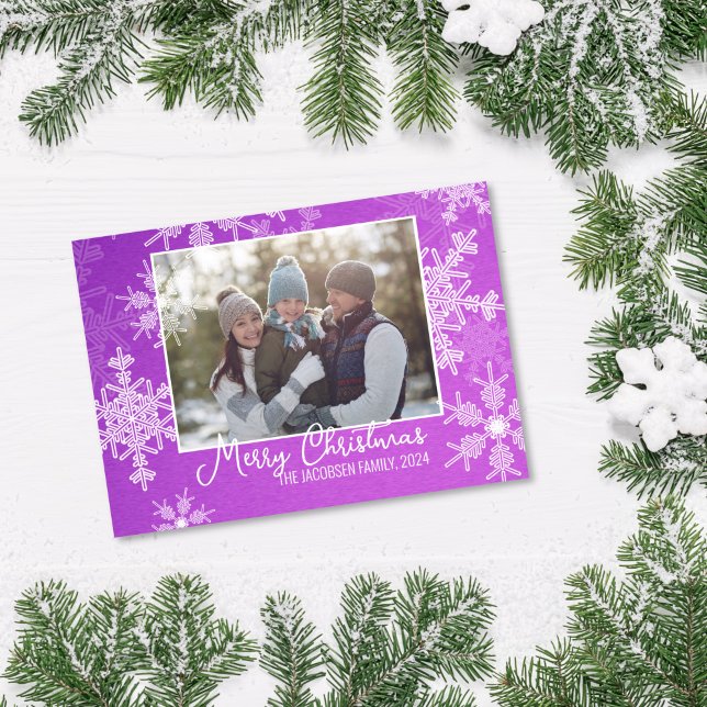 Purple White Snowflakes Minimalist Christmas Photo Holiday Card (Creator Uploaded)