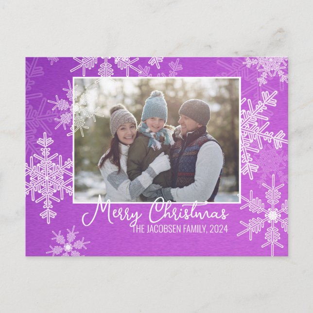 Purple White Snowflakes Minimalist Christmas Photo Holiday Postcard (Front)