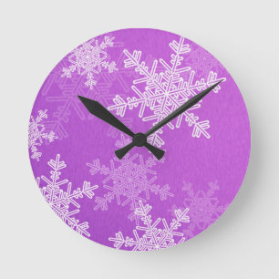 Purple White Snowflakes Minimalist Christmas Round Clock