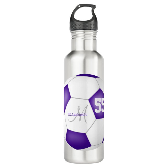 purple white soccer ball girl name jersey number 710 ml water bottle (Front)