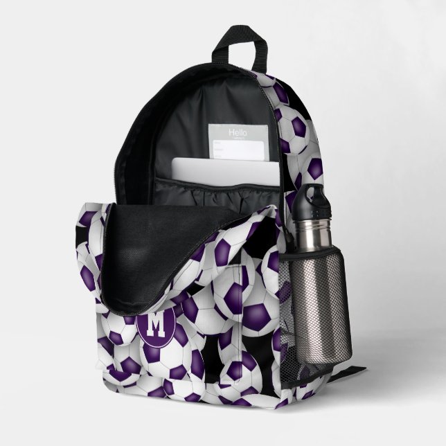 purple white soccer balls pattern monogrammed printed backpack (Back Corner Right (Open))