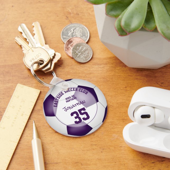 purple white soccer team colours kids sports gifts key ring (Desk)