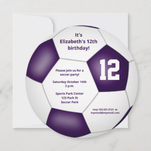 purple white soccer themed birthday party announcement