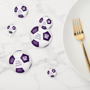 purple white sports birthday party soccer ball confetti