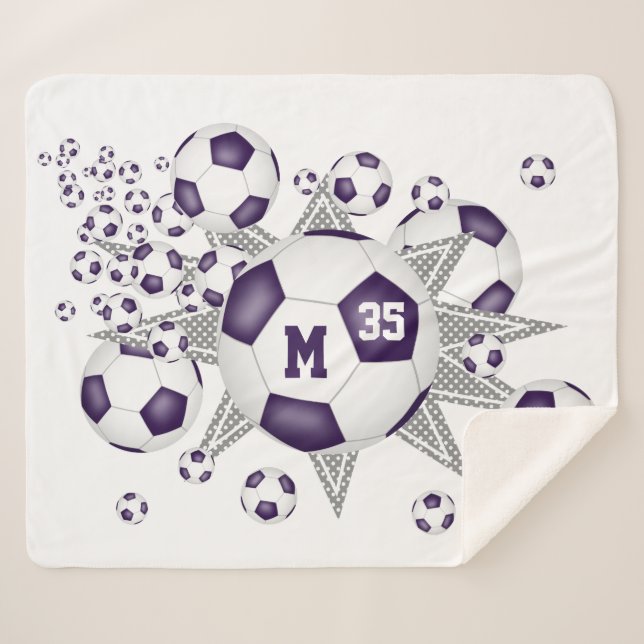 purple white sports room soccer ball blowout sherpa blanket (Front (Horizontal))